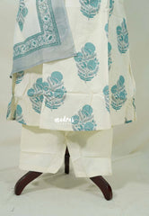 Ivory with Teal Blue - Aavani - Pre-washed Handblock Cotton 3pcs Kurti with Half Inside Sleeve Perfect for Office Wear | Casual Days | Everyday wear