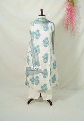 Ivory with Teal Blue - Aavani - Pre-washed Handblock Cotton 3pcs Kurti with Half Inside Sleeve Perfect for Office Wear | Casual Days | Everyday wear