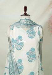 Ivory with Teal Blue - Aavani - Pre-washed Handblock Cotton 3pcs Kurti with Half Inside Sleeve Perfect for Office Wear | Casual Days | Everyday wear