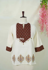 Ivory Beige – Aavani - Pre-Washed Handspun Cotton Ready-Made Short Top for Women Ajrakh Print with Coin Detailing – Perfect for Office & Everyday Wear