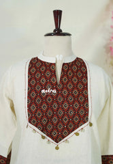 Ivory Beige – Aavani - Pre-Washed Handspun Cotton Ready-Made Short Top for Women Ajrakh Print with Coin Detailing – Perfect for Office & Everyday Wear
