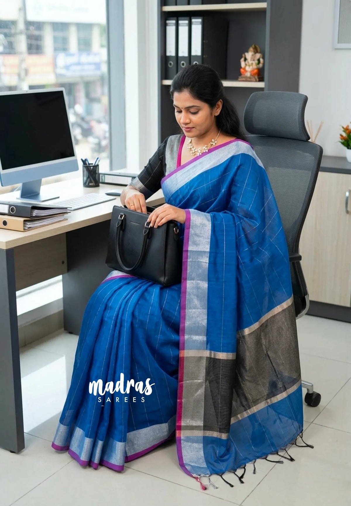 Cobalt Blue - Maheswari - Lightweight cotton Silk Saree with Horizontal Stripes - Best for Small Funcitons