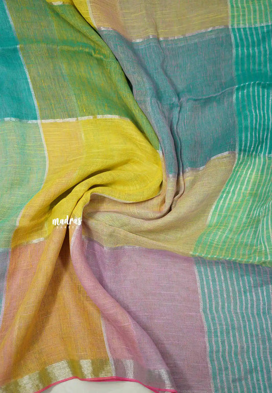 Organic linen saree with cotton candy colors checks pattern