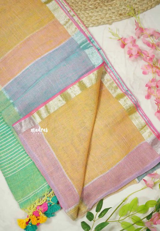 Organic linen saree with cotton candy colors checks pattern