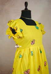 Maska cotton butterfly embroidery knee length Frock / Dress - Lemon yellow XXL SIZE