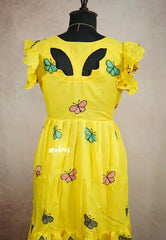 Maska cotton butterfly embroidery knee length Frock / Dress - Lemon yellow XXL SIZE