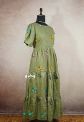 Maska cotton butterfly embroidery full length Frock / Dress - Olive green L SIZE