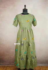 Maska cotton butterfly embroidery full length Frock / Dress - Olive green L SIZE