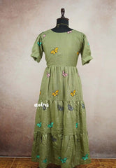 Maska cotton butterfly embroidery full length Frock / Dress - Olive green L SIZE