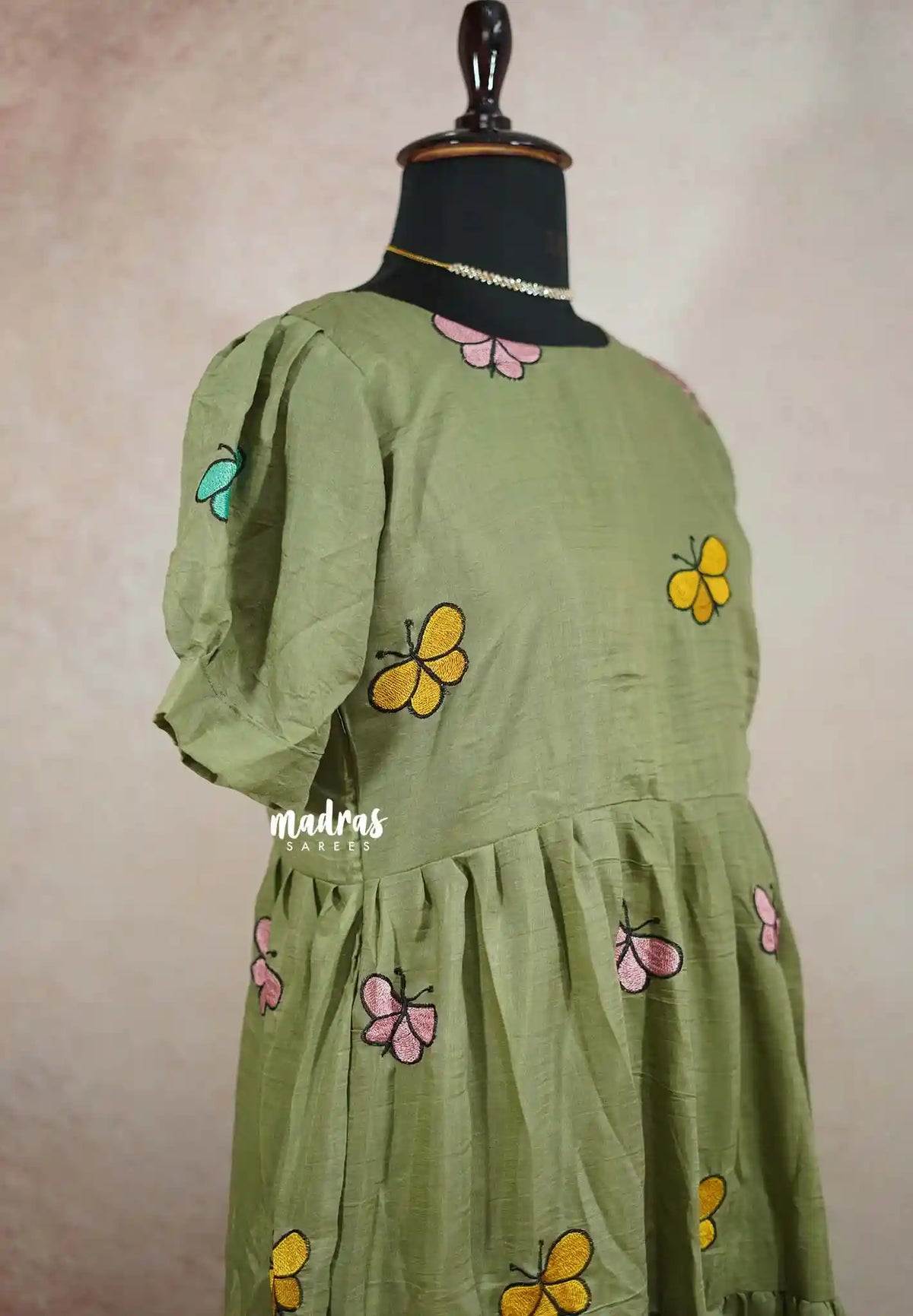 Maska cotton butterfly embroidery full length Frock / Dress - Olive green L SIZE