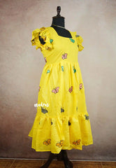 Maska cotton butterfly embroidery knee length Frock / Dress - Lemon yellow XXL SIZE