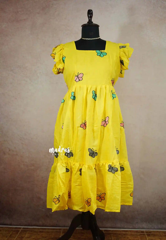 Maska cotton butterfly embroidery knee length Frock / Dress - Lemon yellow XXL SIZE