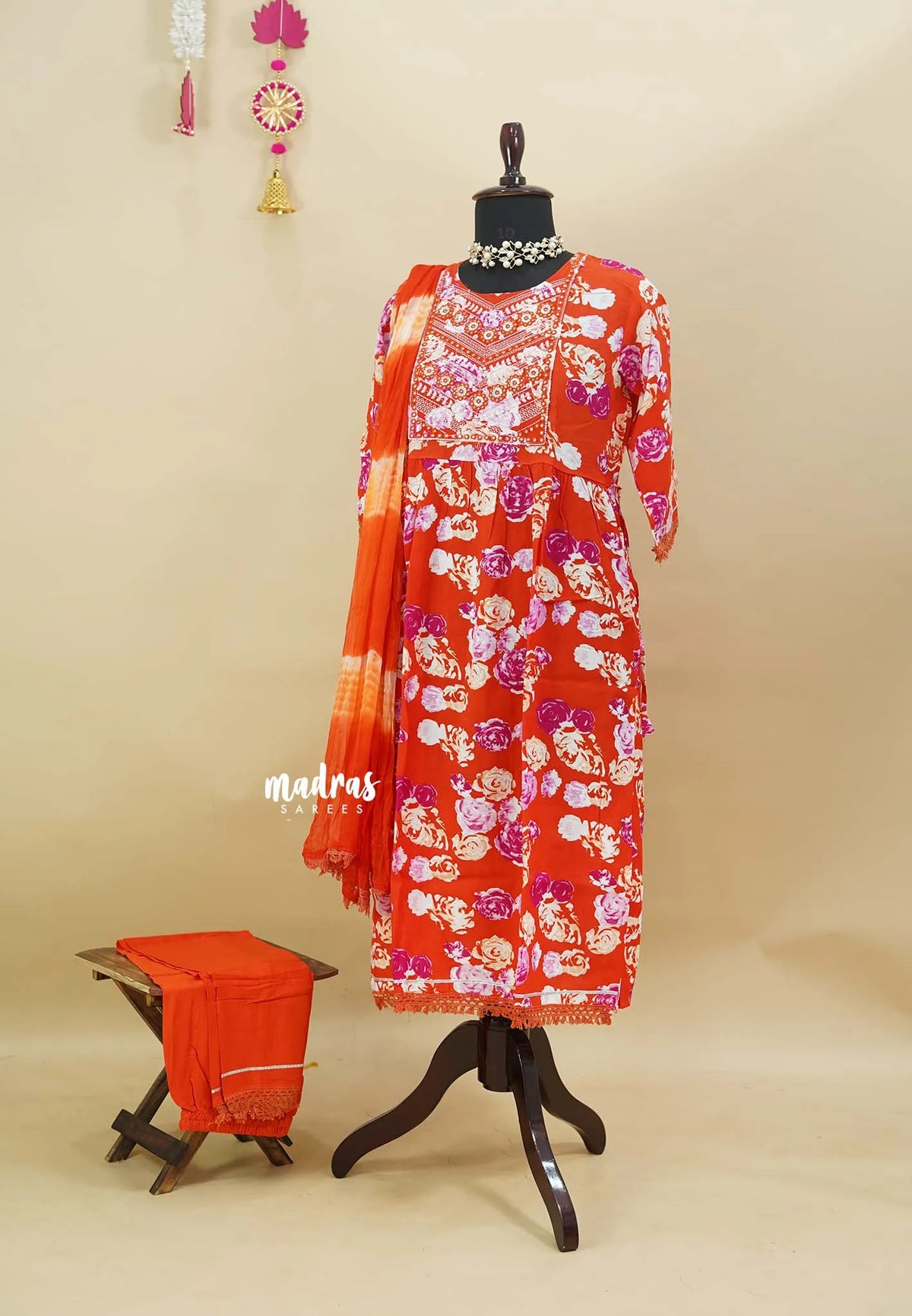 Bright Orange - READYMADE Cotton Nyra Cut Anarkali Kurti Set - Top, Bottom and Dupatta - Best for Small Functions