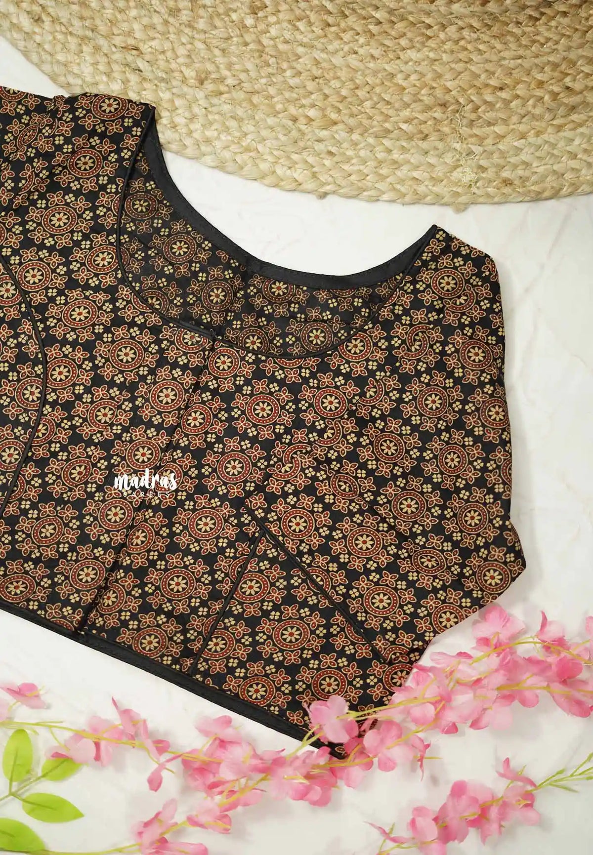 Ajrakh print Pure cotton Black readymade blouse Aazhi Madras Sarees