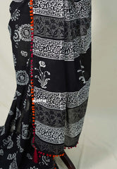 Nightfall Black - Pure Mul Cotton Saree with Floral Prints with Pompom - Perfect for Office Wear | Casual Wear