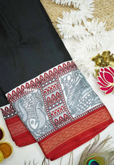 Amala - Crepe silk with madhubani border - Black