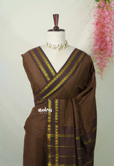 Dark Chocolate Brown - Vintage Gadwal silk cotton with Muthu kattam check body Traditional Border - Best for Temple Visit