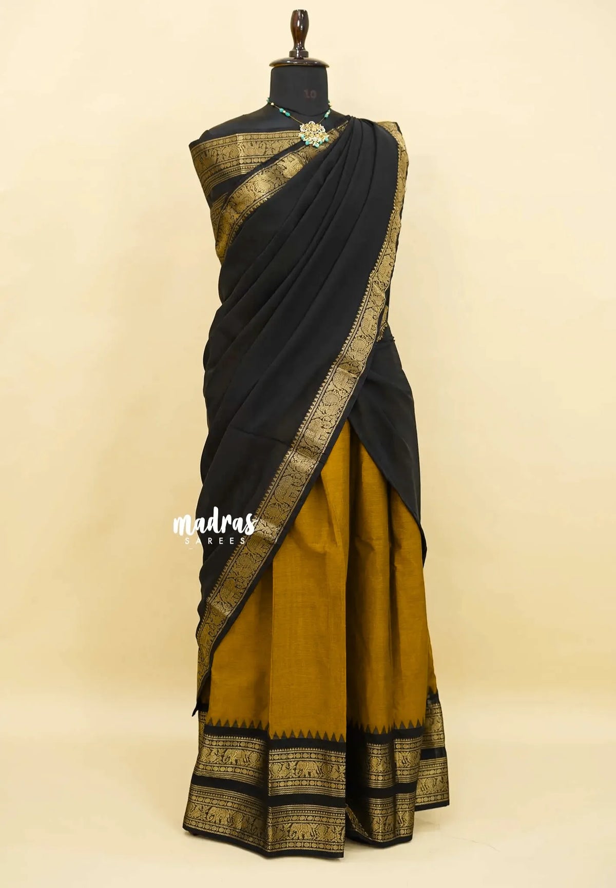Honey mustard with Black - Karthigai Silk Cotton Pavadai Thavani / Half saree Set - Unstitched - Devasena