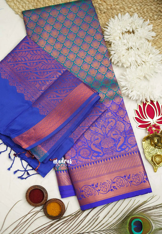 Devasena - Soft silk  Pavadai Thavani / Half saree - Tri color Peacock Blue shades - Material