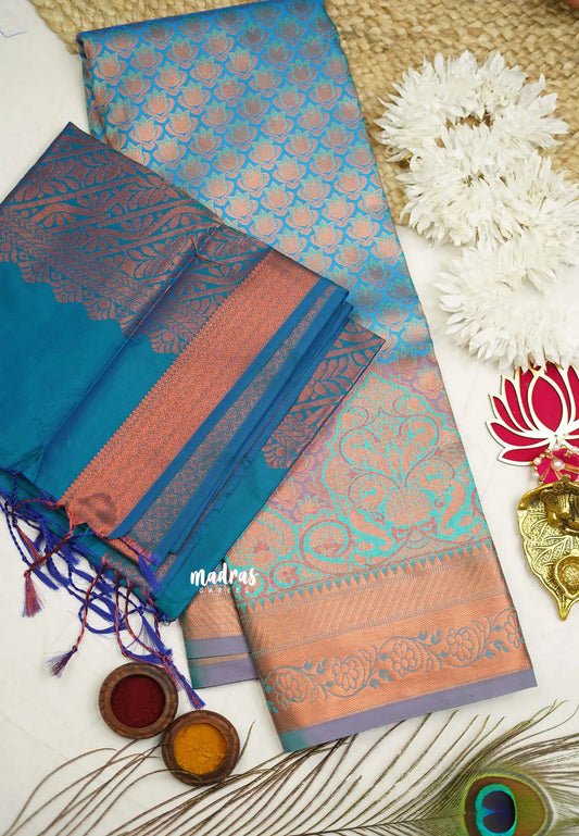 Devasena - Soft silk  Pavadai Thavani / Half saree - Tri color Ananda Blue shades - Material