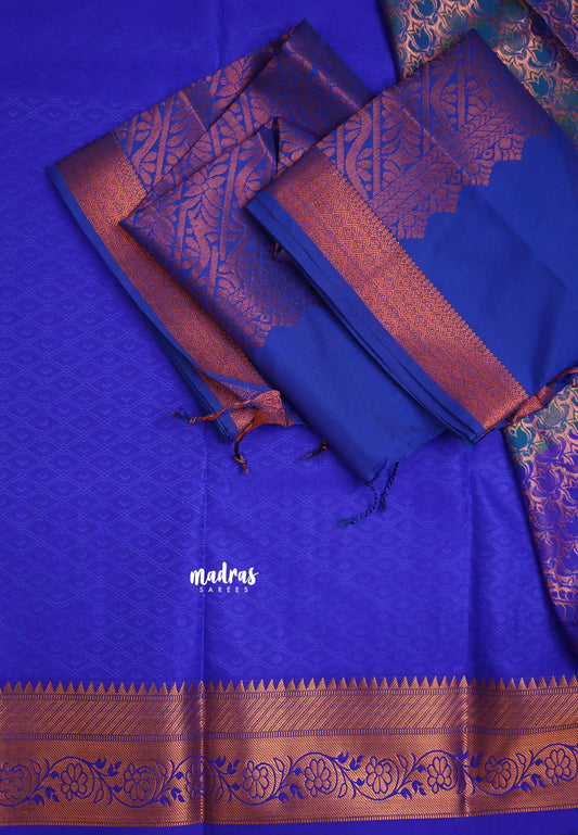 Devasena - Soft silk  Pavadai Thavani / Half saree - Tri color Peacock Blue shades - Material