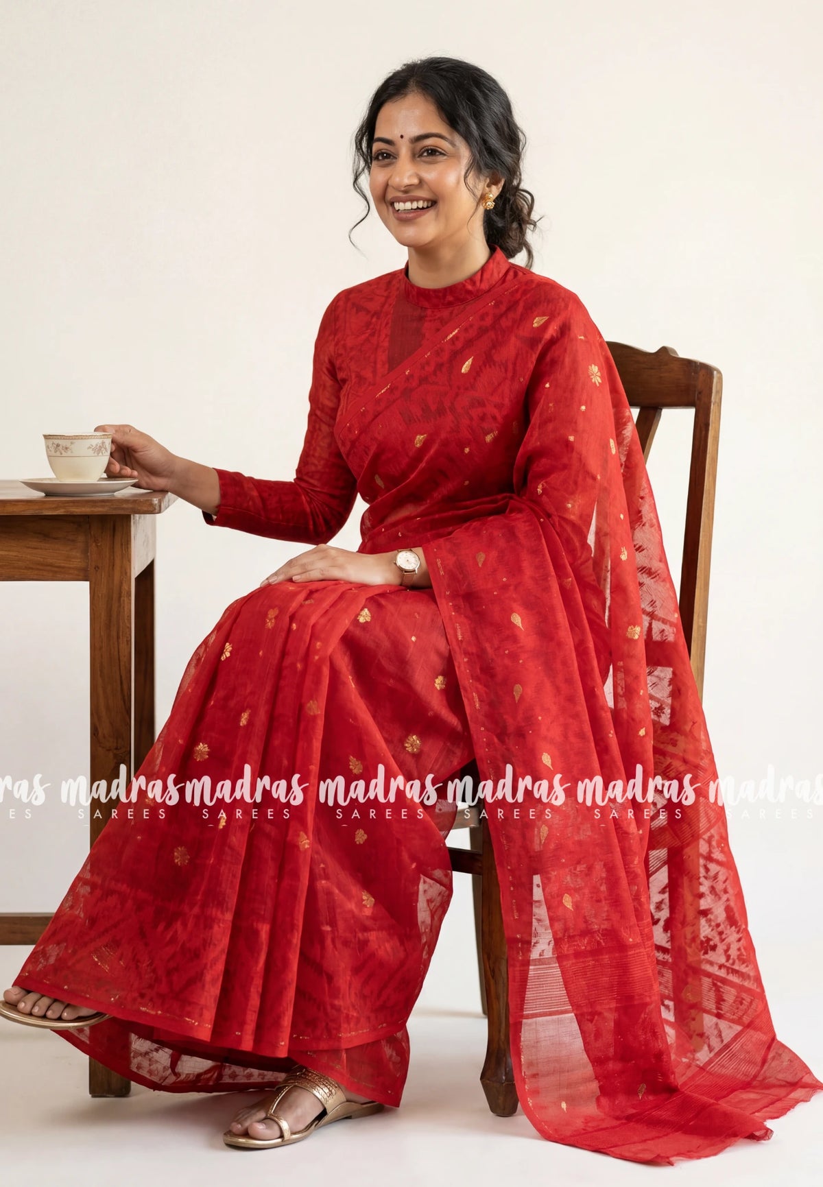 Cherry Red - Thilothama - Premium Lightweight Coton Silk Dhakai Jamdani Weaving - Perfect for Evening Functions | Hightea Party