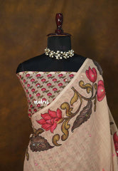 Sandalwood Beige - Divine Lotus Linen Cotton Saree with Mirror work - Best for Office Wear