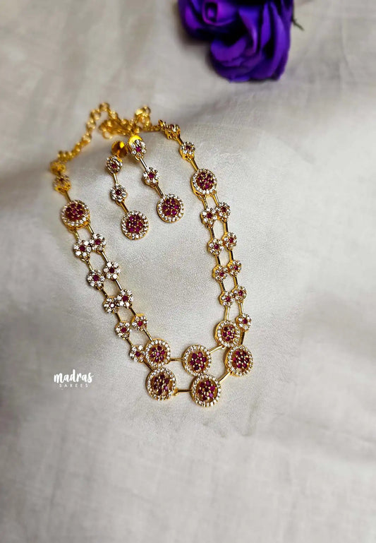 Trendy Double layer AD Diamond with Ruby Necklace Set with earrings