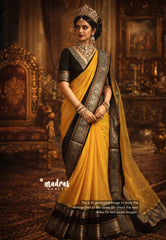 Mango Yellow with black - Durga - Banarasi Soft Katan Silk with vintage Border - Best for Festive Wear