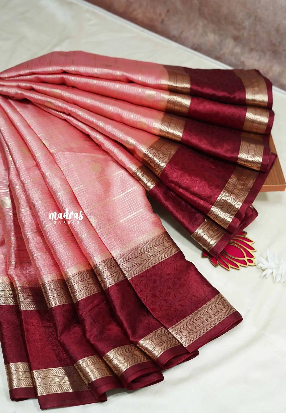 Baby pink - Banarasi soft katan silk zari lines weaving with rettapet border - Durga