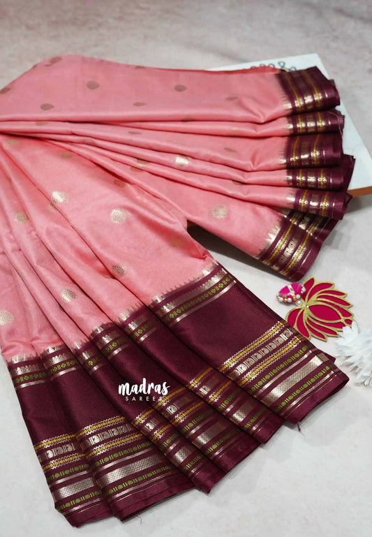 Baby pink - Durga - Banarasi soft katan silk with big border