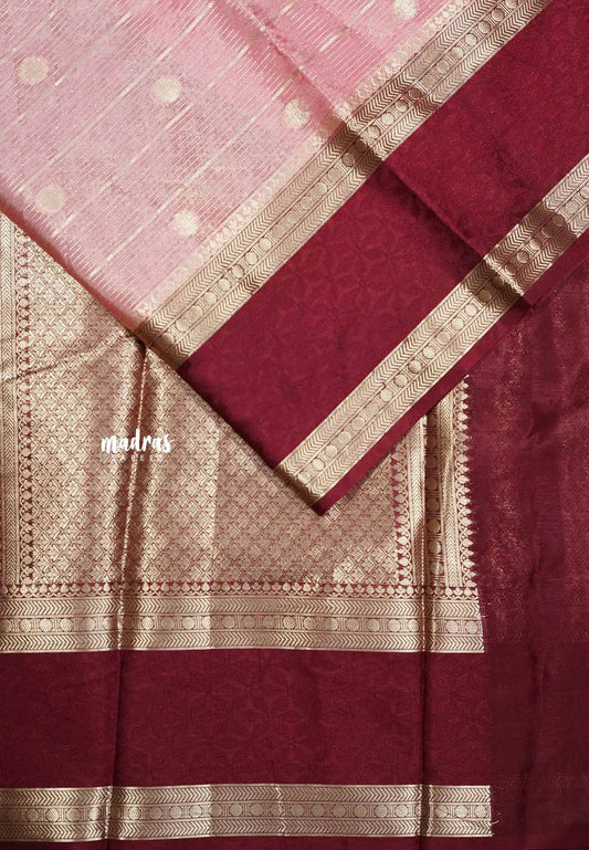 Baby pink - Banarasi soft katan silk zari lines weaving with rettapet border - Durga