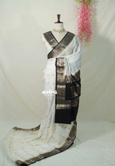 Ivory White - Durga - Banarasi Soft Katan Silk with Floral Border - Best for Festive Wear