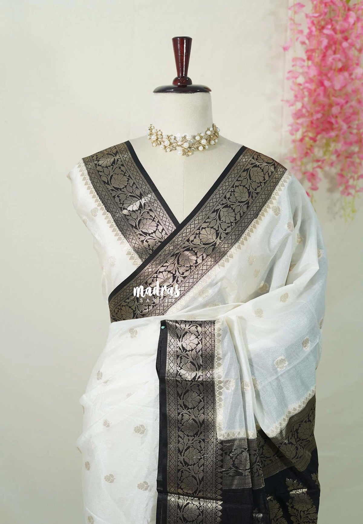 Ivory White - Durga - Banarasi Soft Katan Silk with Floral Border - Best for Festive Wear