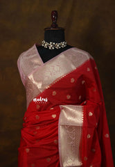 (PRE-BOOKING) Classic Rich Red with peach border - Durga - Banarasi Soft Katan Silk - Best for small functions