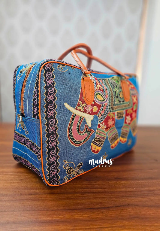 Denim blue - Canvas Duffle / travel Bag – Ethnic Elephant weaving