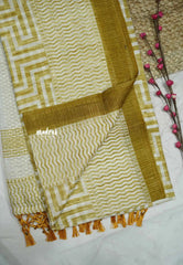 Jasmine Fancy Jute white based puzzle prints saree - Mehendi green