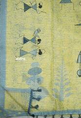 Jasmine Fancy Jute warli art prints saree - Pastel yellow