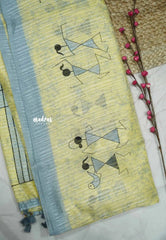 Jasmine Fancy Jute warli art prints saree - Pastel yellow