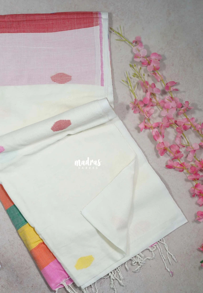 Snow White - Fine Quality Pure Cotton Saree with Rainbow Pallu - Perfect for Regular Wear | Casual Wear | Summer Wear