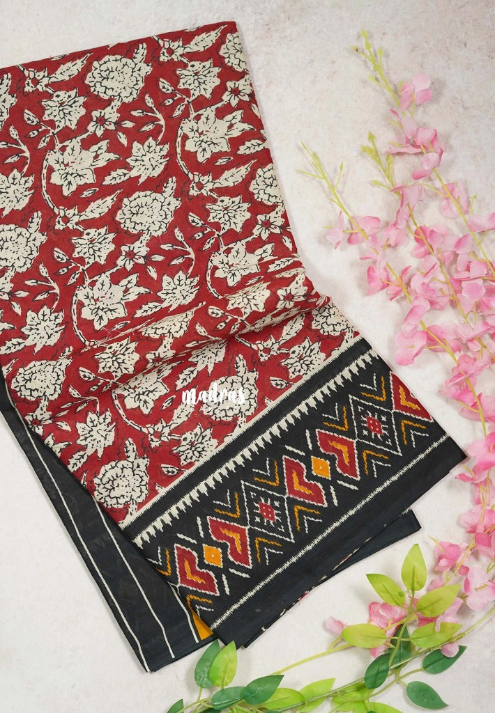 Dark Red-D2 - Fine Quality Pure Cotton Saree Kalamkari Body Patola Ikkat Border and Pallu - Perfect for Regular Wear | Casual Wear | Summer Wear