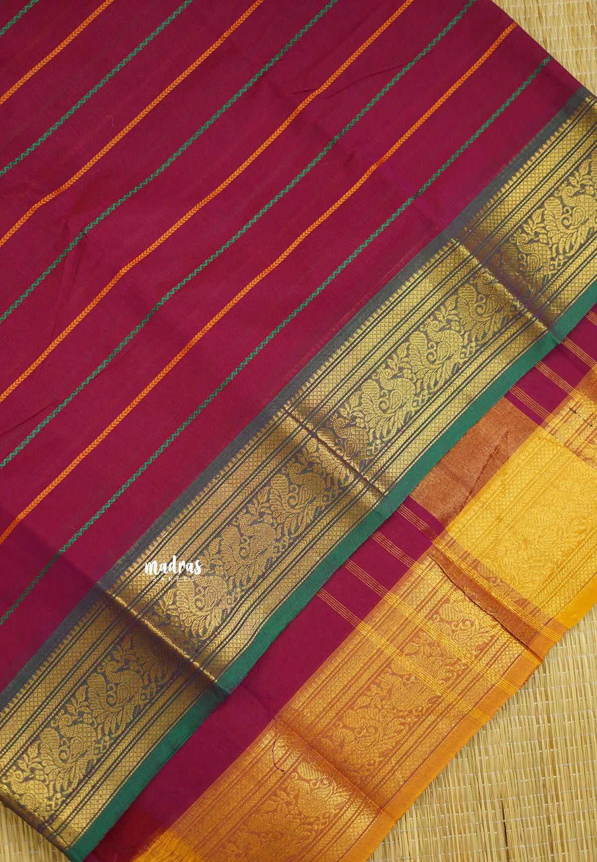 Fusion chettinad cotton Horizontal lines Rani pink Ganga Jamuna Border