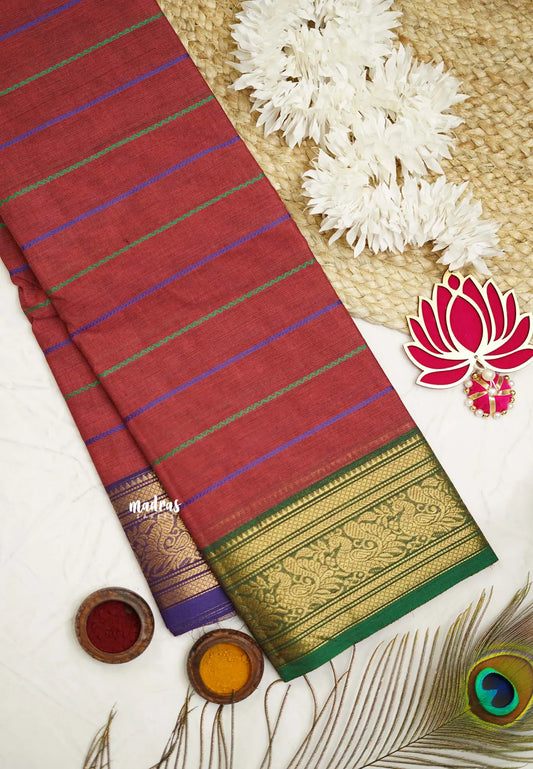 Fusion chettinad cotton Horizontal lines Onion pink with Ganga Jamuna Border