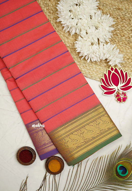 Fusion chettinad cotton Horizontal lines Neon Peach with Ganga Jamuna Border