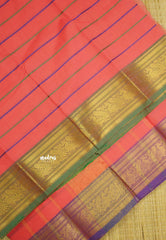 Fusion chettinad cotton Horizontal lines Neon Peach with Ganga Jamuna Border