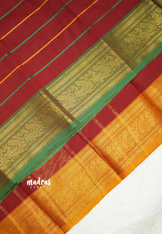 Fusion chettinad cotton Horizontal lines with Ganga Jamuna Border - Dark red