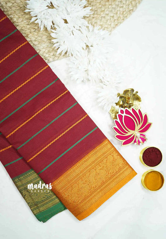 Fusion chettinad cotton Horizontal lines with Ganga Jamuna Border - Dark red