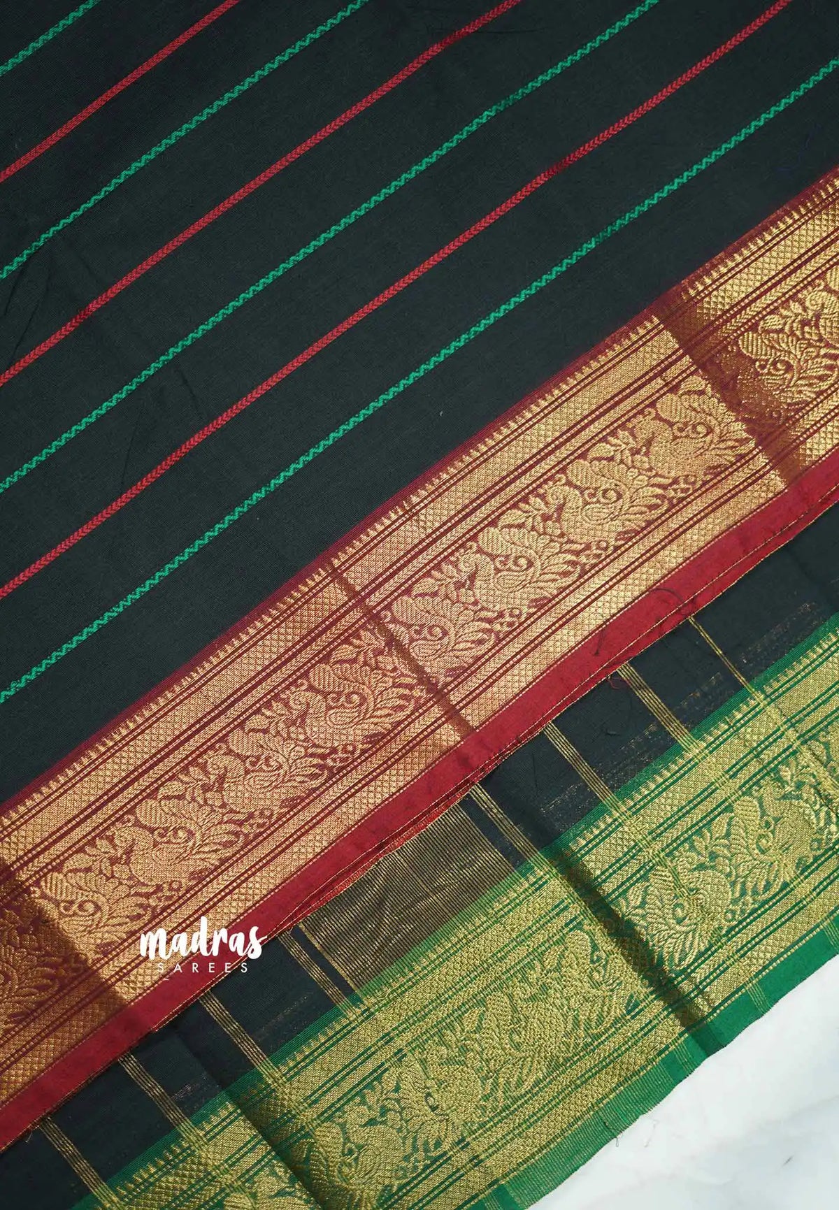 Fusion chettinad cotton Horizontal lines with Ganga Jamuna Border - Black