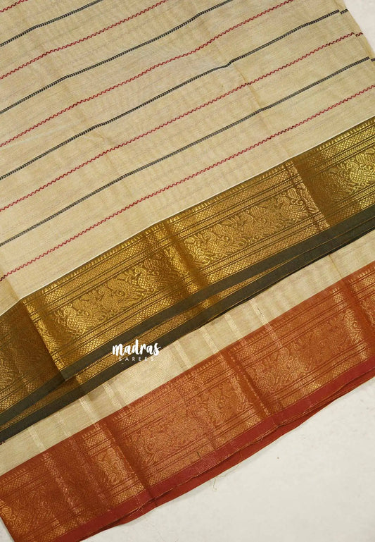 Beige - Fusion chettinad cotton Horizontal lines with Ganga Jamuna Border