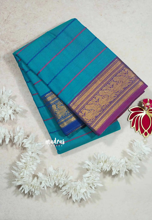 Ananda blue - Fusion chettinad cotton Horizontal lines with Ganga Jamuna Border